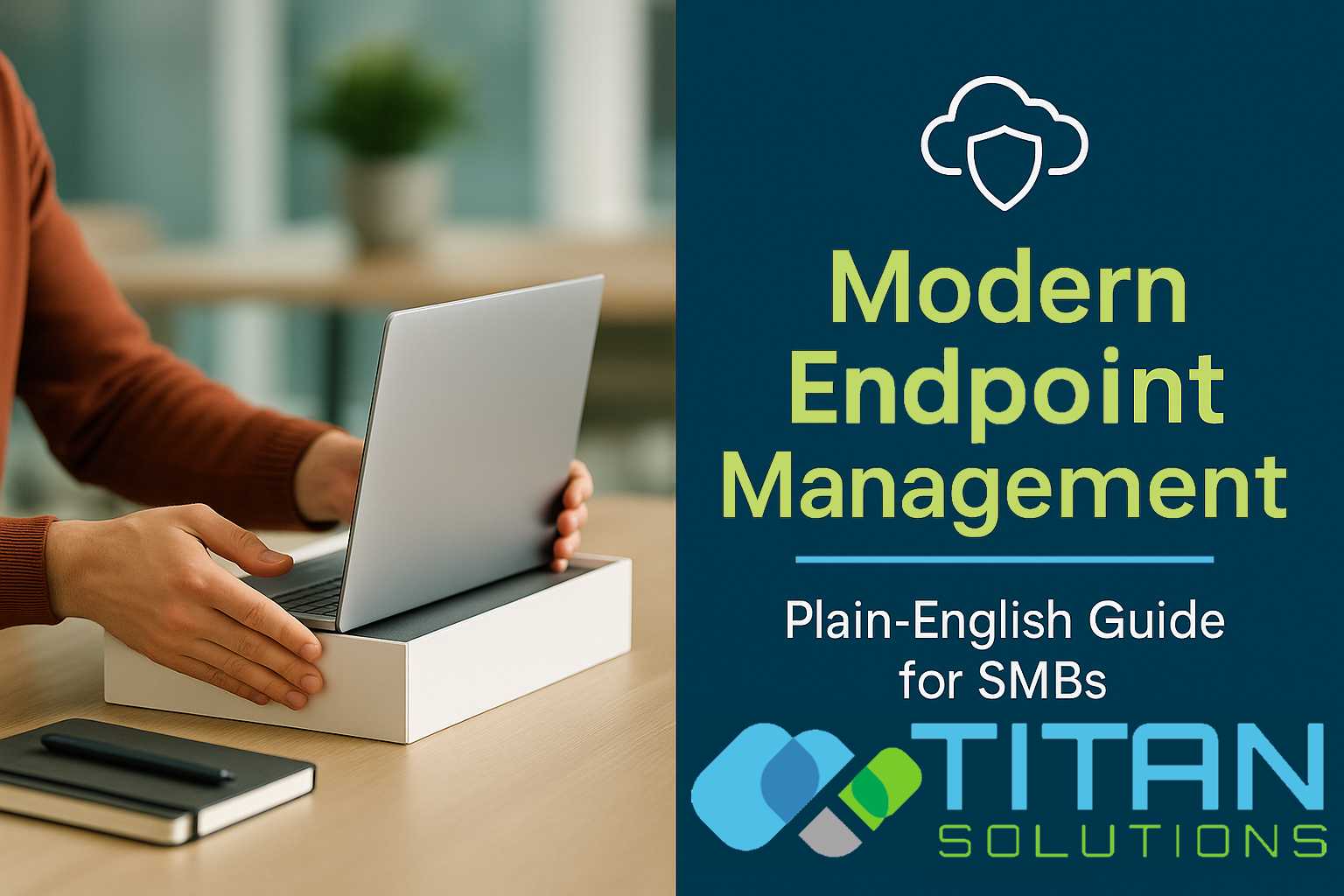 Employee unboxing a new laptop symbolising modern endpoint management