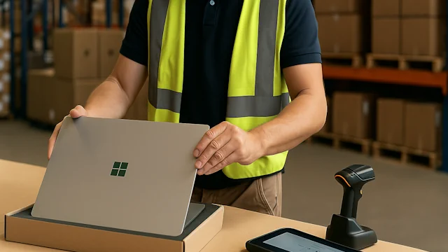 Warehouse staff unboxing a Surface Laptop representing zero-touch enrolment